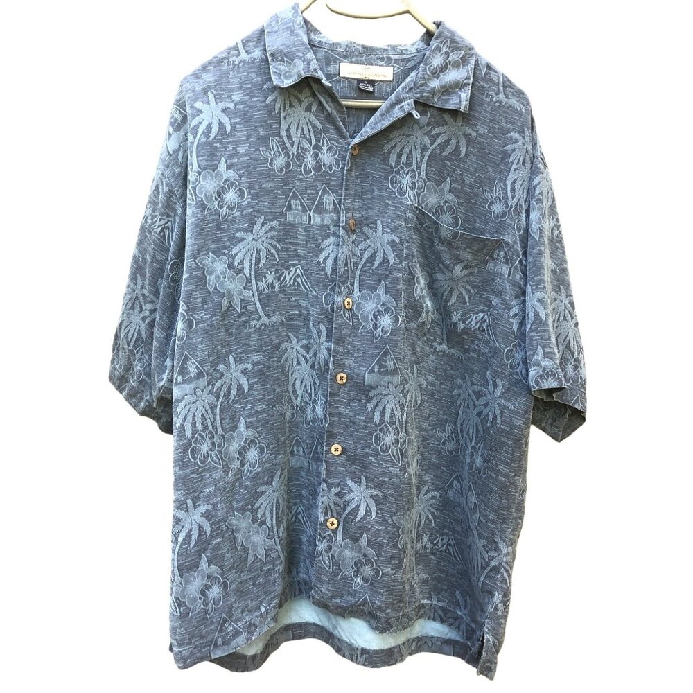 Tommy Bahama Silk Hawaiian Camp Shirt Slate Blue w Subtle Hibiscus Palm Size L